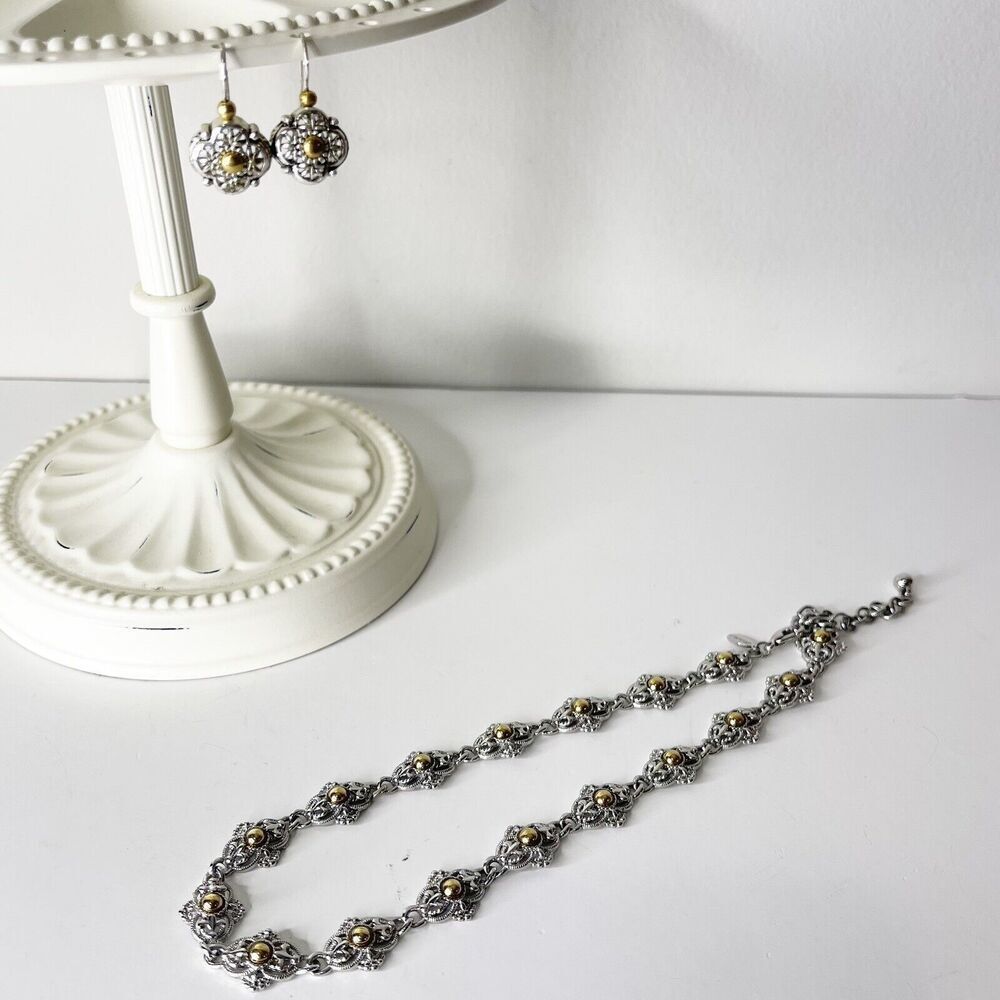 Vintage Park Lane Jewelry Set Silver Chain Necklace Earrings 90s Victorian Glam